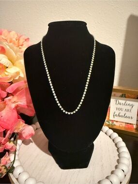 Vintage Silver Tone Rhinestone Tennis Necklace Clear Crystal Line Necklace